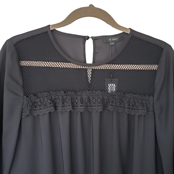 Le Gali Black Boho Babydoll Dress Mesh Top Drawstring Waist 3/4 Sleeve - Picture 4 of 7